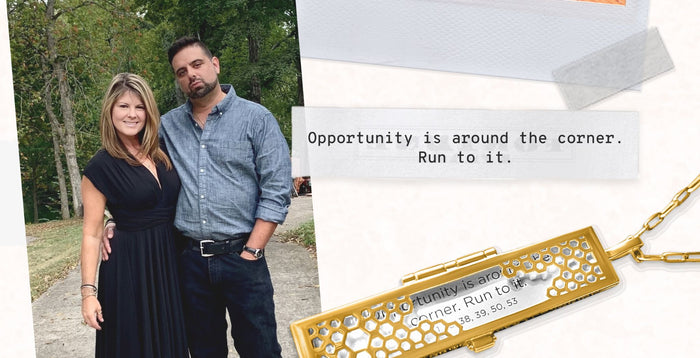 A collage of Chris and her husband, a fortune that reads